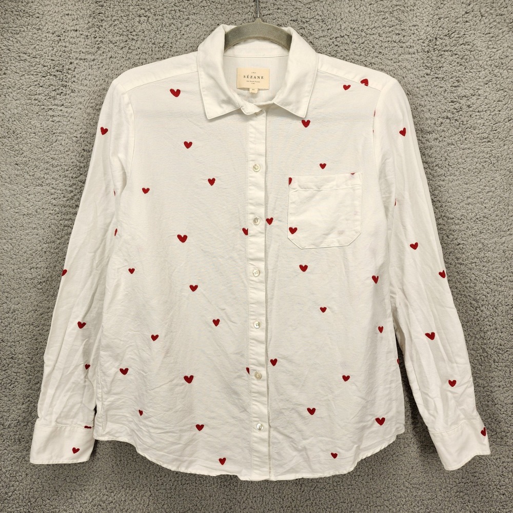 Sezane Tomboy Shirt White Red Heart Embroidered Organic Cotton Button Down 36